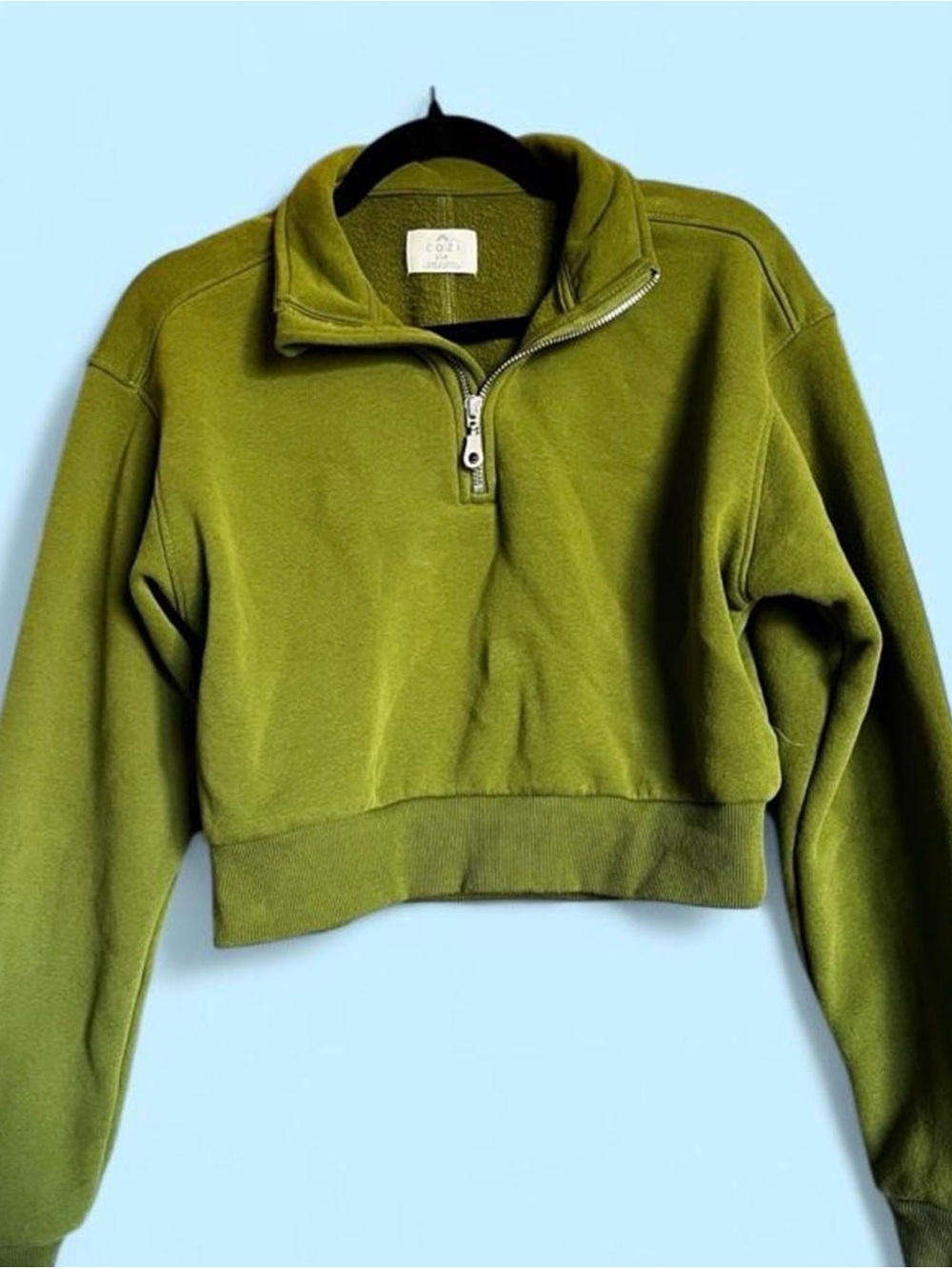 Cozy Cropped Quarter-Zip Sweater - Olive Green